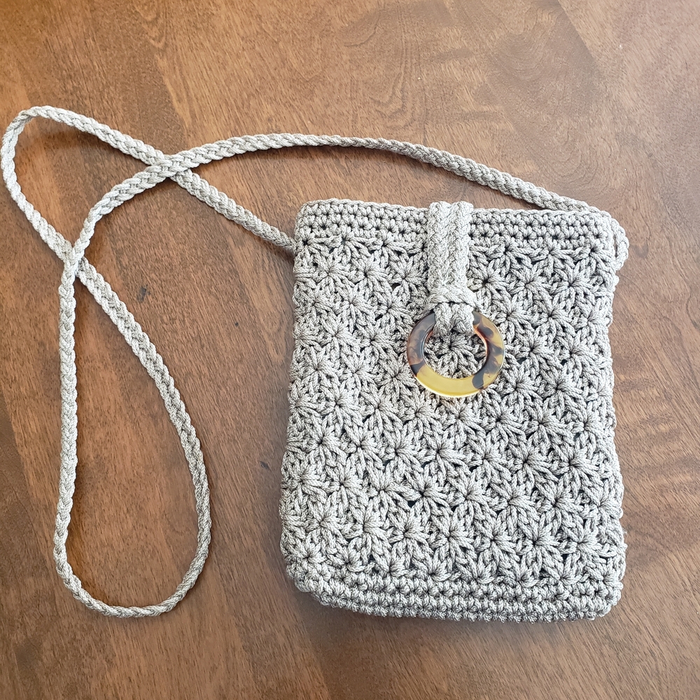 IVIDA Taupe Crochet Crossbody Bag with Tortoise Shell Ring Clasp Accent